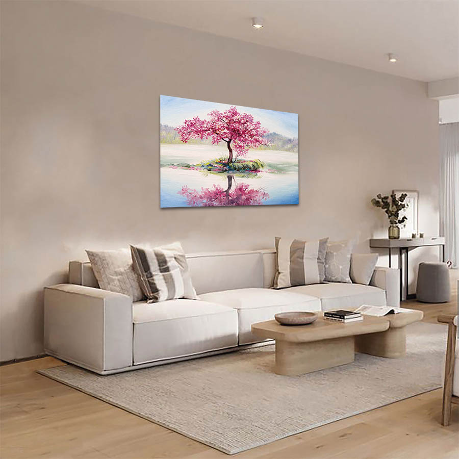 Cuadro Decorativo Árbol de Cerezo y Lago Estilo Oleo #13 45 X 30