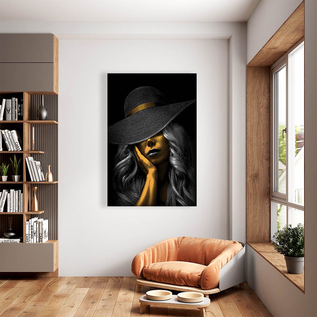 Cuadro Decorativo Mujer con Sombrero en Dorado Moderno #216 45 X 30