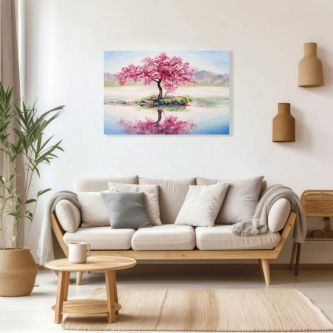 Cuadro Decorativo Árbol de Cerezo y Lago Estilo Oleo #13 45 X 30