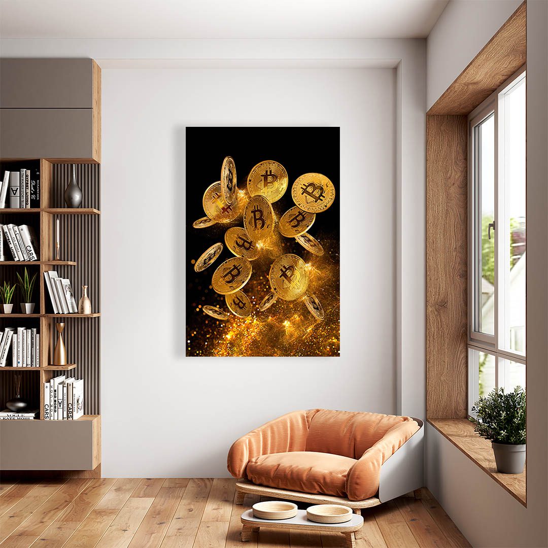 Cuadro Decorativo Monedas Bitcoin en Dorado 60 X 40