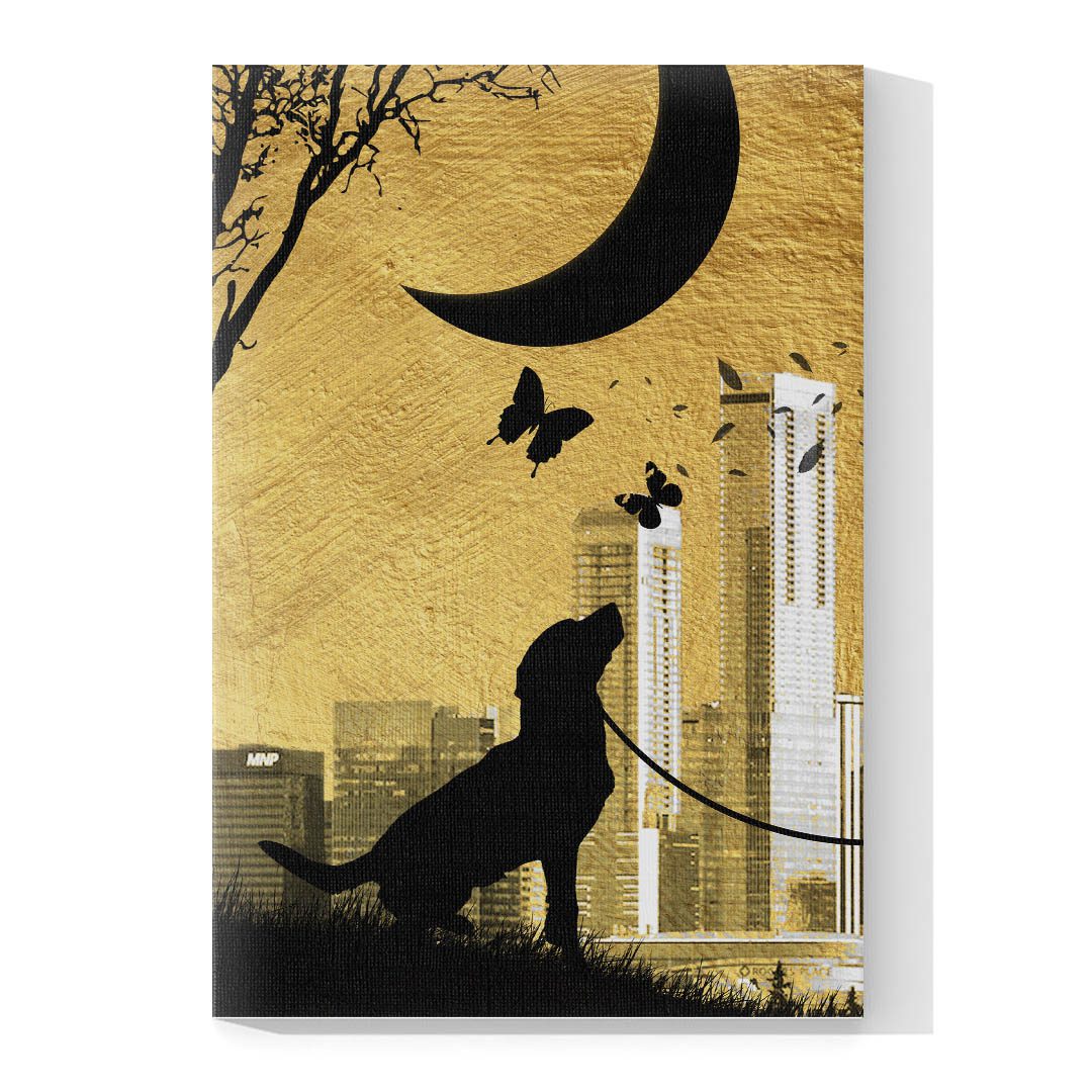 Cuadro Decorativo de Perro bajo la luna en Dorado y Negro 60 X 40