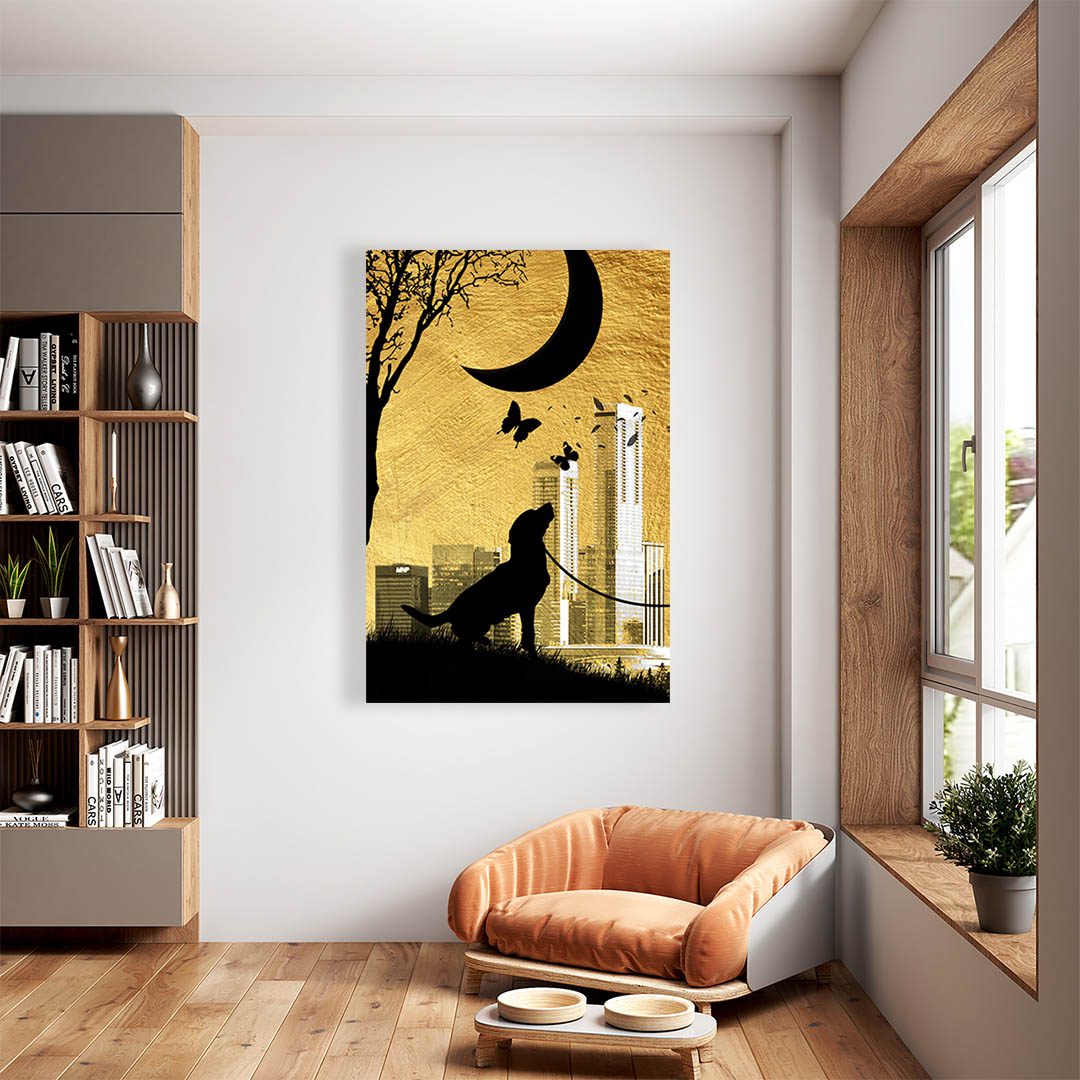Cuadro Decorativo de Perro bajo la luna en Dorado y Negro 60 X 40