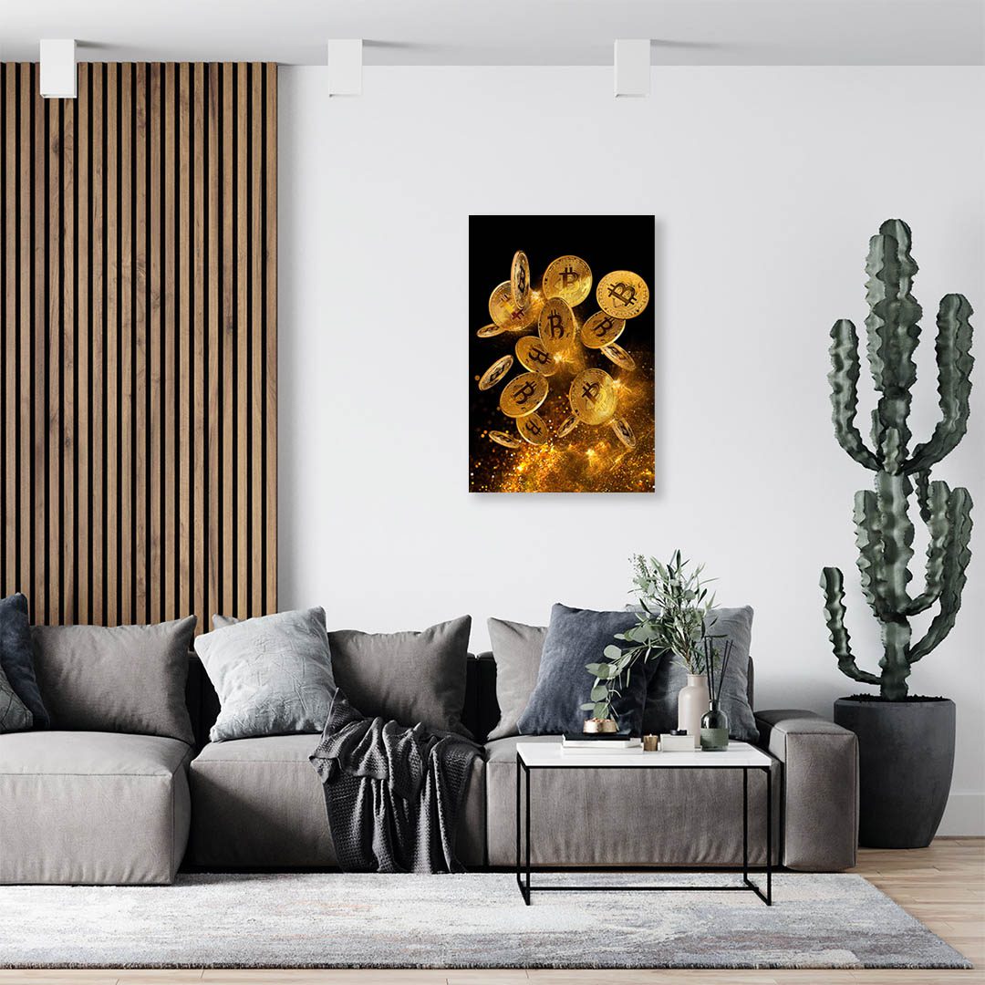 Cuadro Decorativo Monedas Bitcoin en Dorado 60 X 40