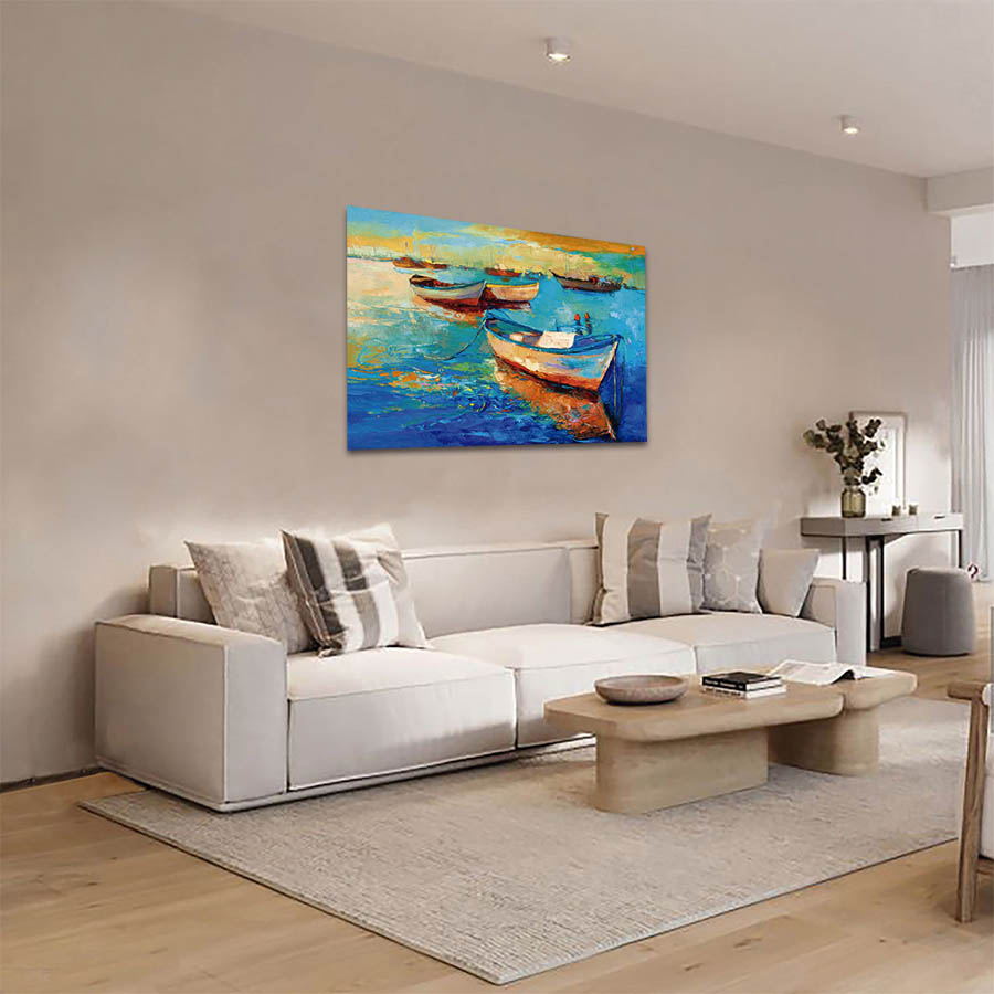 Cuadro Decorativo Barcas en el Atardecer Estilo Oleo #25 60 X 40
