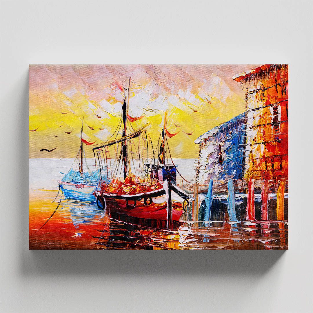 Cuadro Decorativo Barcas en el Atardecer Estilo Oleo #22 60 X 40