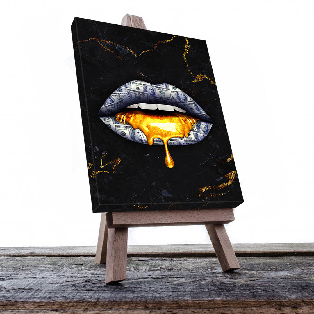 Cuadro Decorativo Moderno de Labios y dólares en Dorado y Negro. 90 X 60