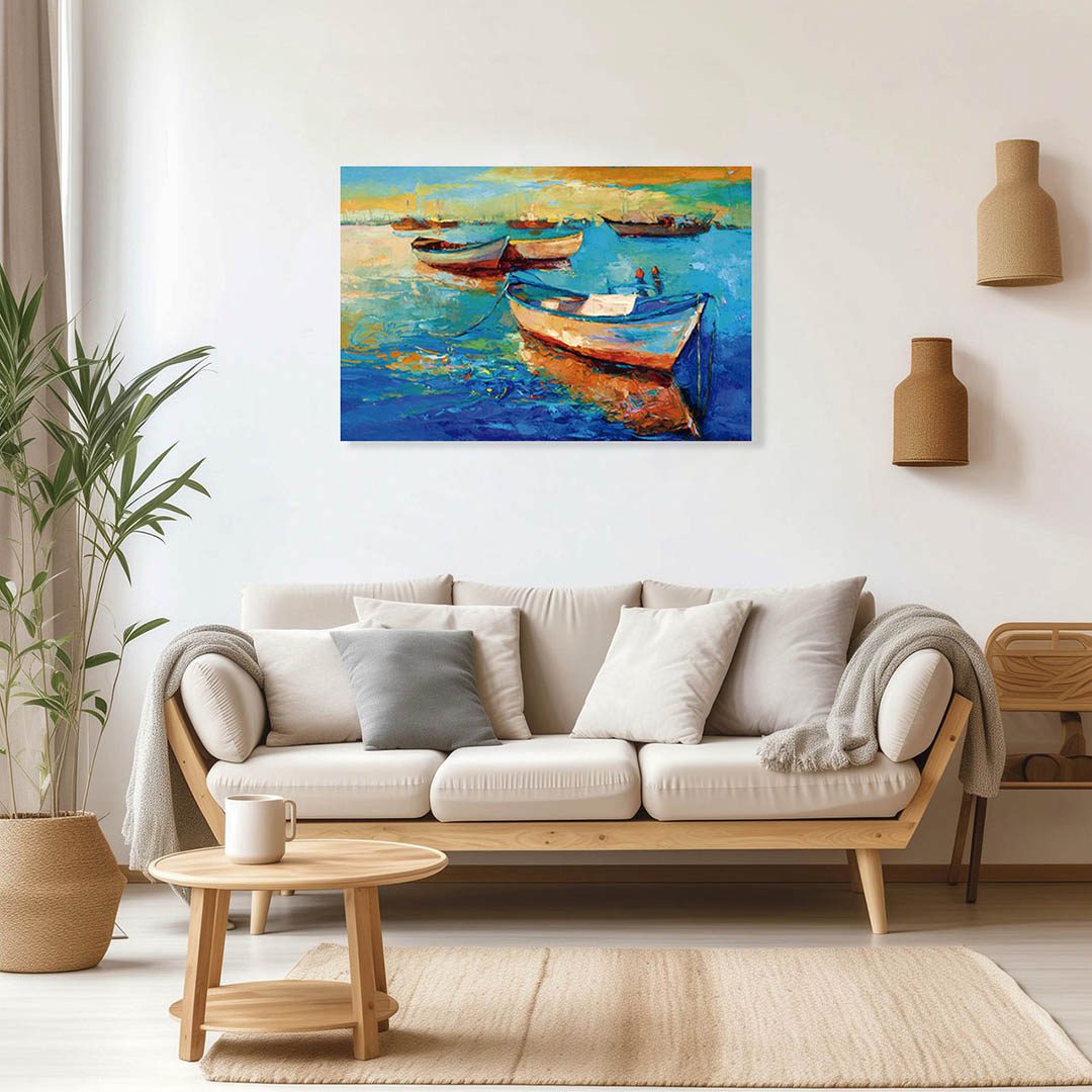 Cuadro Decorativo Barcas en el Atardecer Estilo Oleo #25 60 X 40