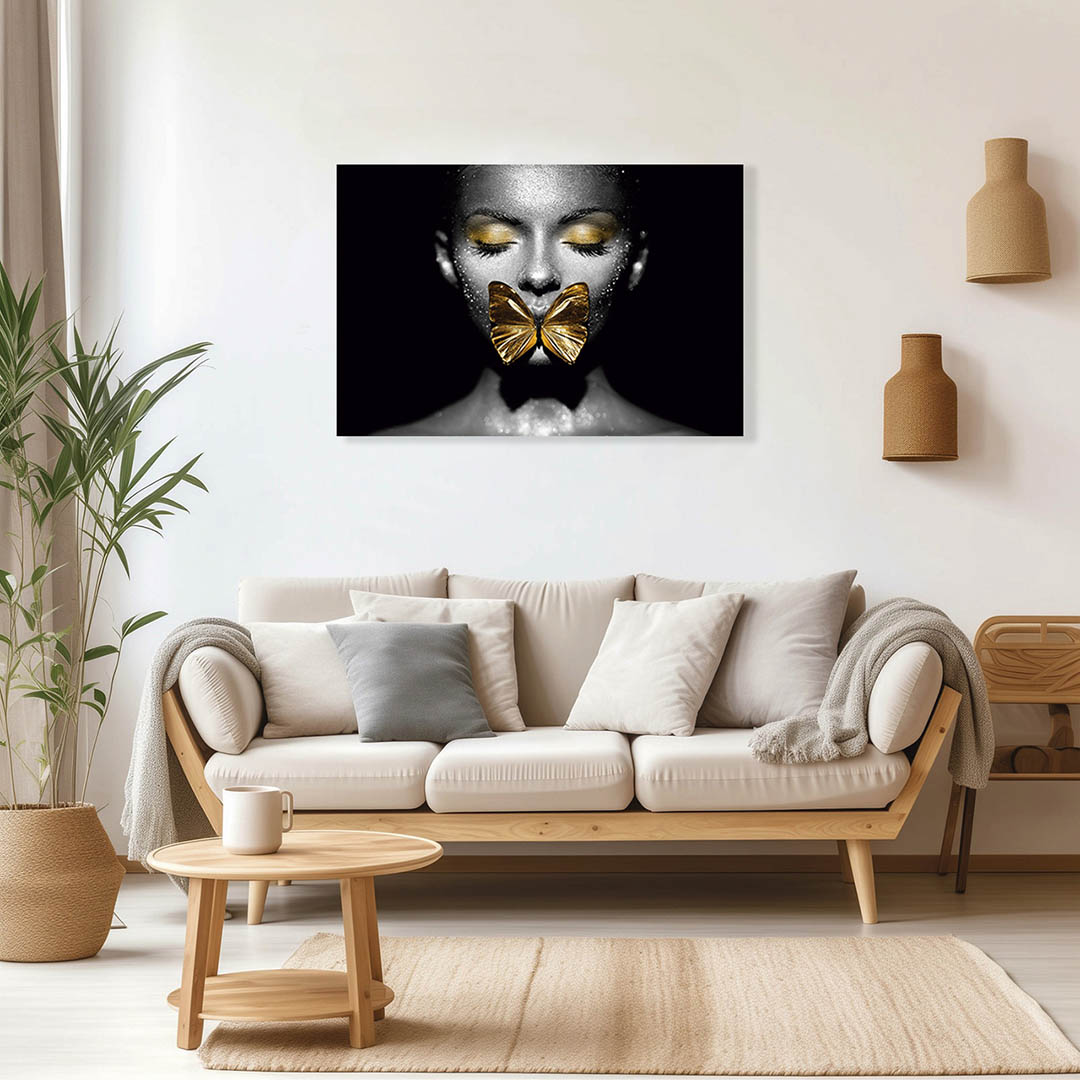 Cuadro Decorativo Rostro de Mujer y Mariposa en Dorado #125 90 X 60