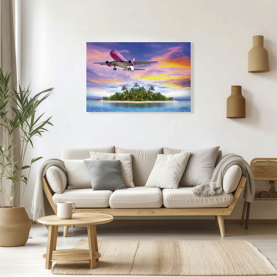 Cuadro Decorativo Avión volando e Isla 90 X 45