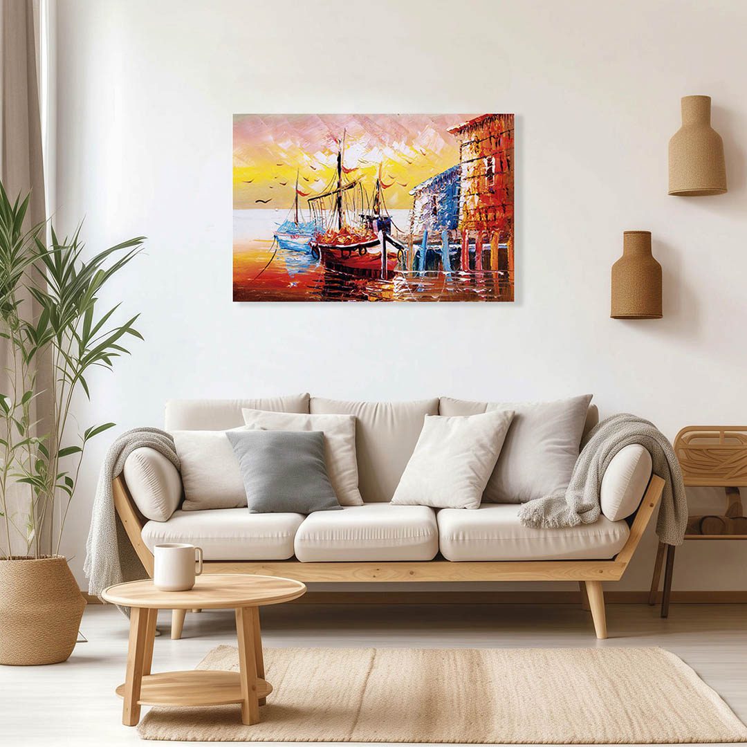 Cuadro Decorativo Barcas en el Atardecer Estilo Oleo #22 60 X 40