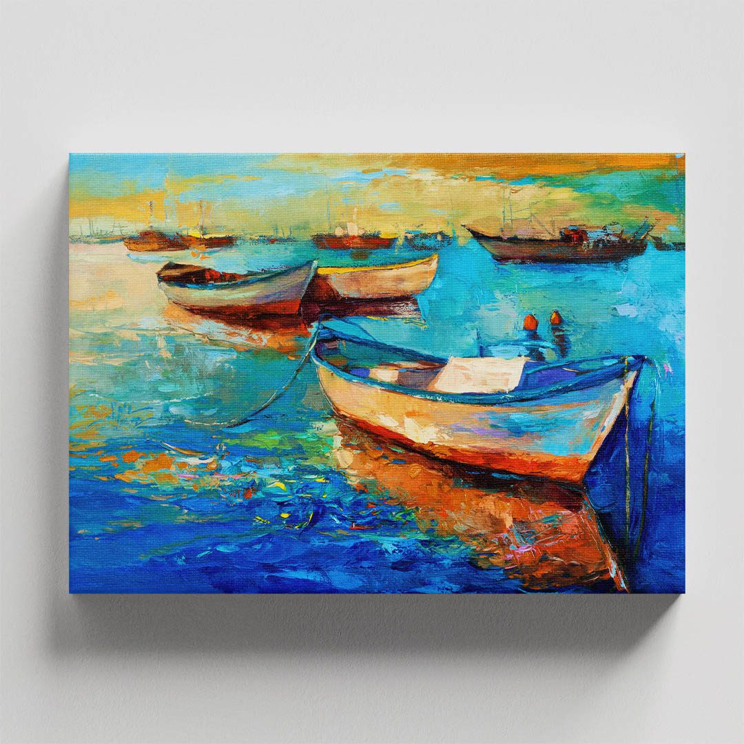 Cuadro Decorativo Barcas en el Atardecer Estilo Oleo #25 60 X 40
