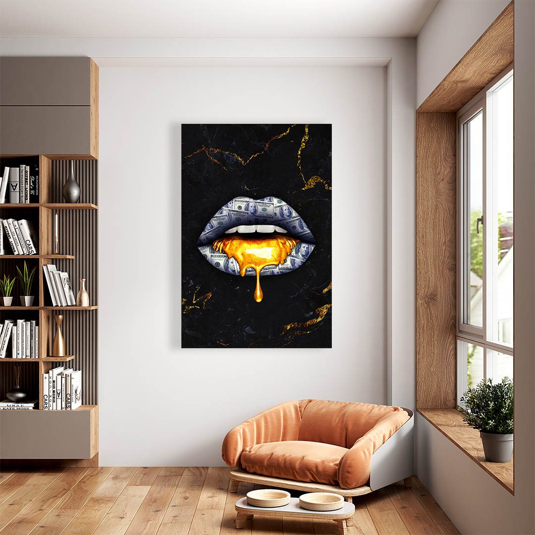Cuadro Decorativo Moderno de Labios y dólares en Dorado y Negro. 90 X 60