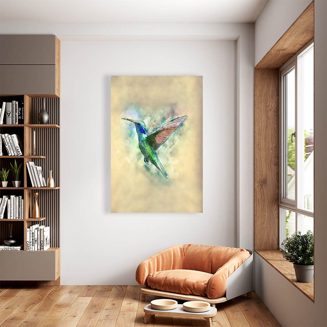 Cuadro Decorativo Colibrí verde con Azul Fondo Artístico #39 90 X 60