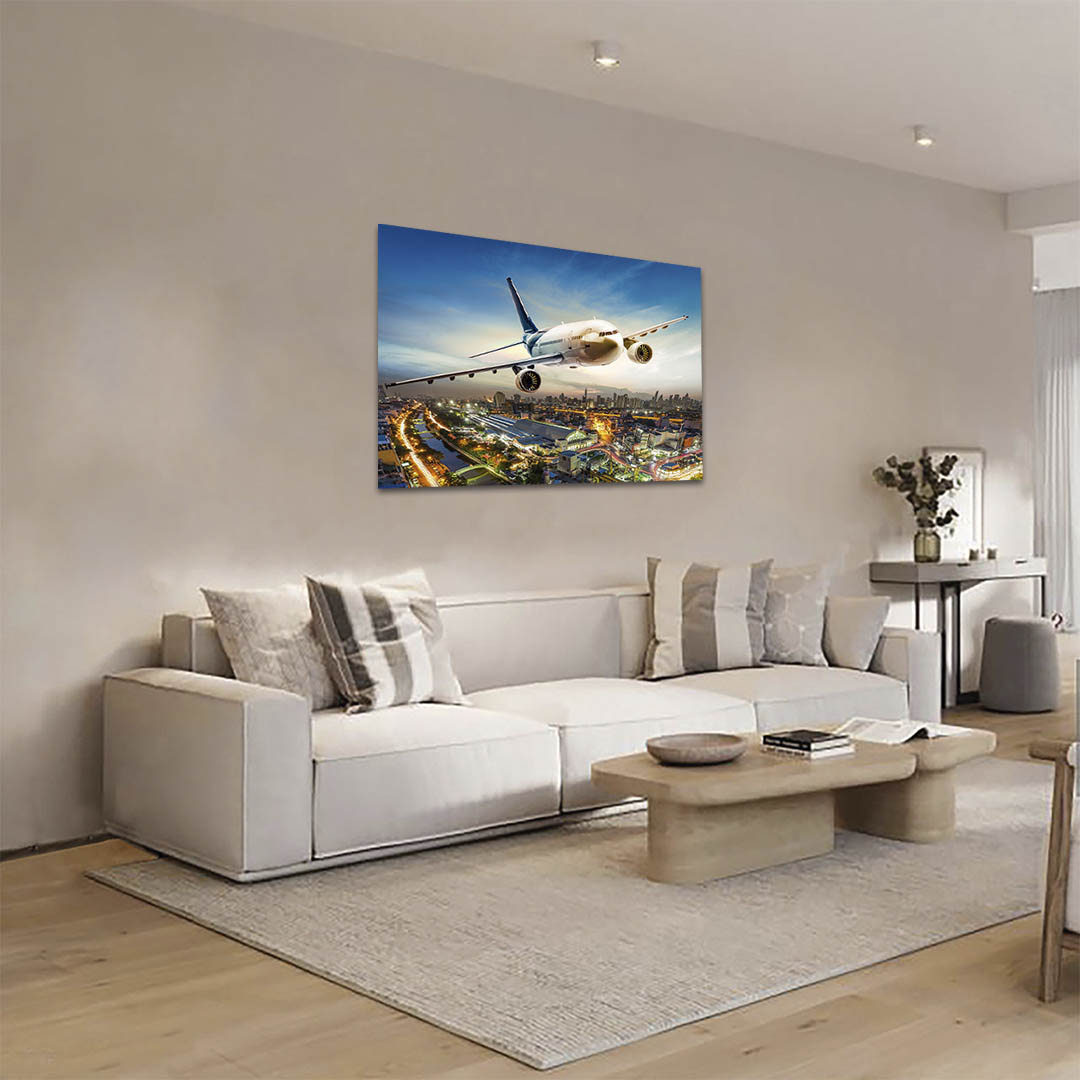 Cuadro Decorativo Avión volando sobre la ciudad 90 X 45