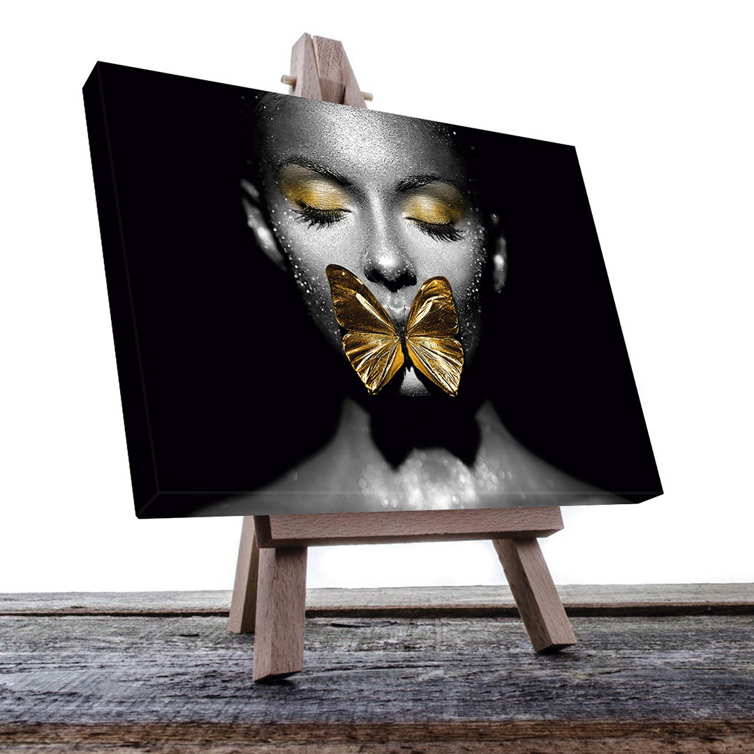 Cuadro Decorativo Rostro de Mujer y Mariposa en Dorado #125 90 X 60