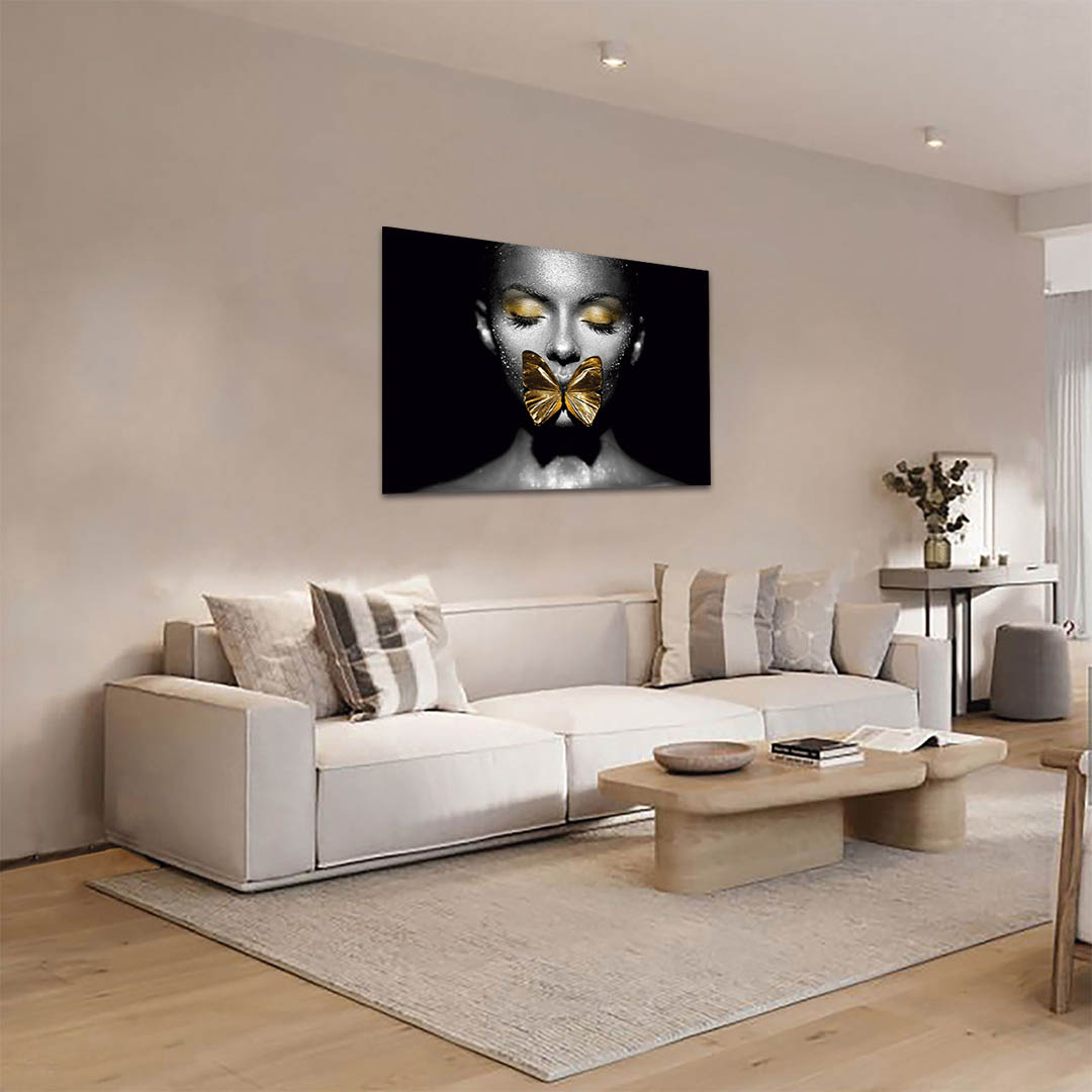 Cuadro Decorativo Rostro de Mujer y Mariposa en Dorado #125 90 X 60