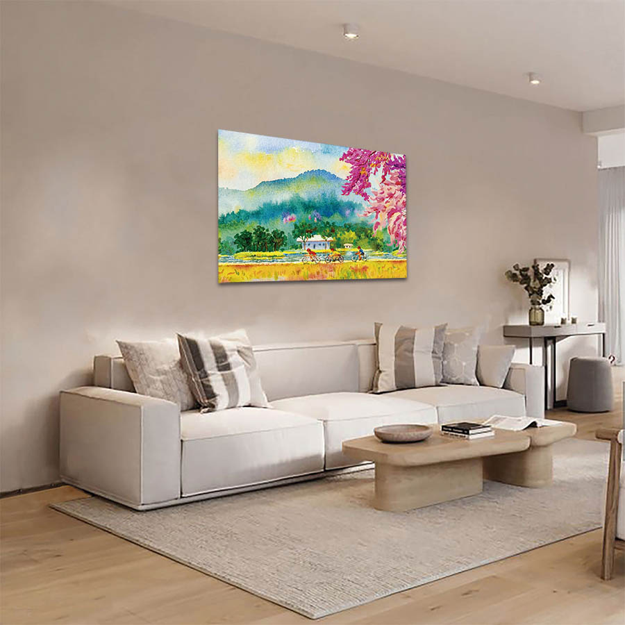 Cuadro Decorativo Poblado con Lago Estilo Oleo #12 60 X 40