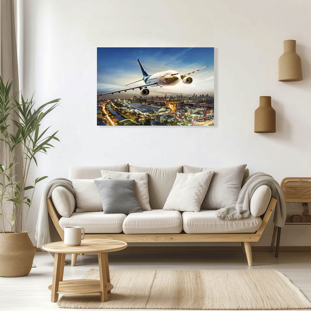 Cuadro Decorativo Avión volando sobre la ciudad 90 X 45