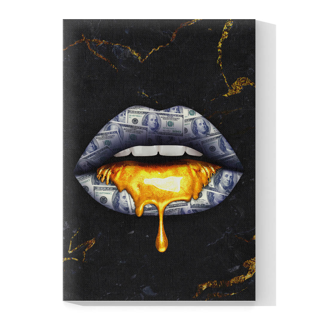 Cuadro Decorativo Moderno de Labios y dólares en Dorado y Negro. 90 X 60