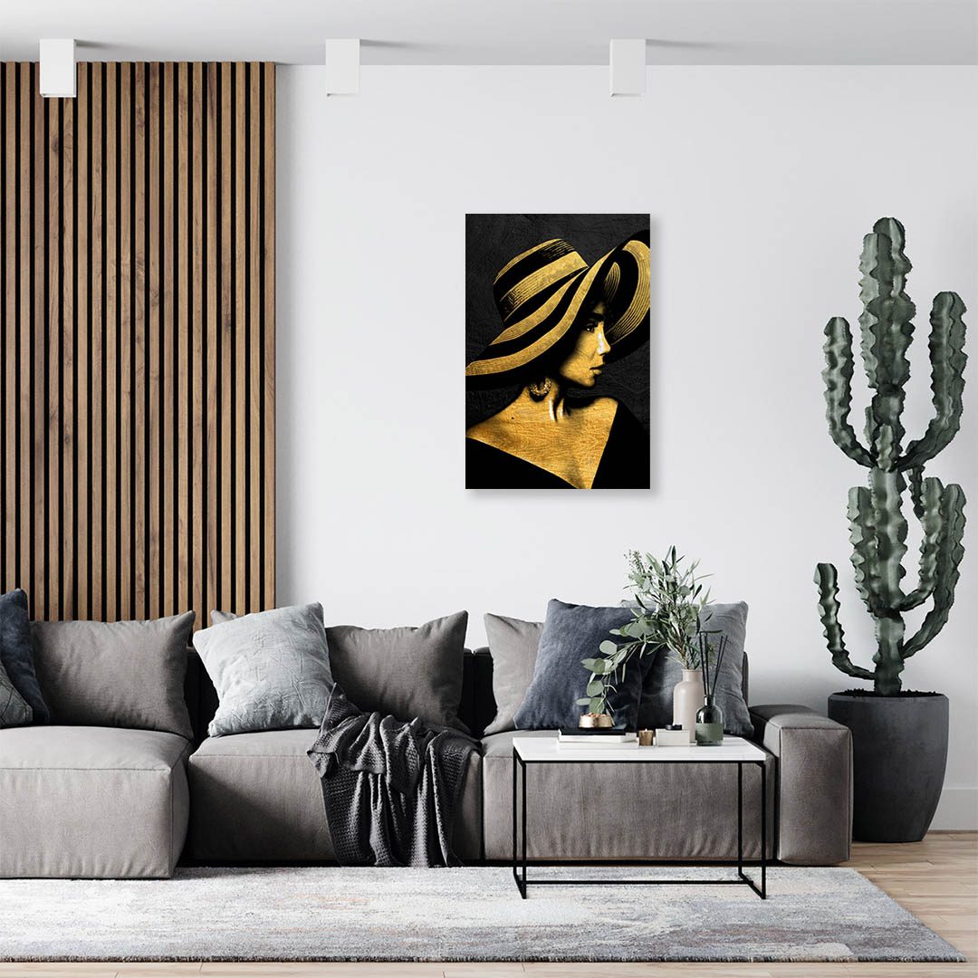 Cuadro Decorativo Mujer con Sombrero en Dorado Moderno #214 90 X 45