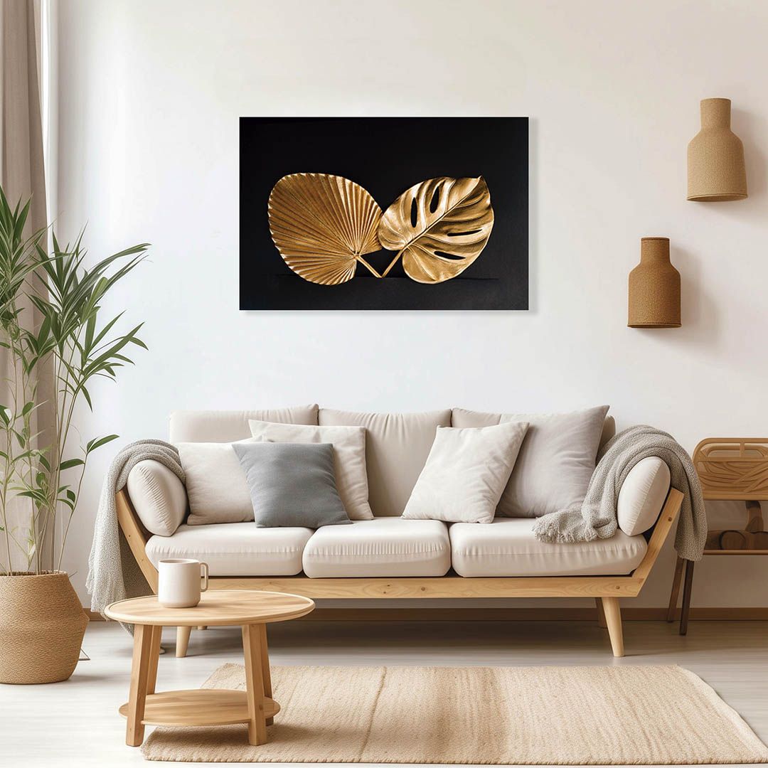 Cuadro Decorativo de Hojas Doradas y Fondo Negro #140 90 X 45