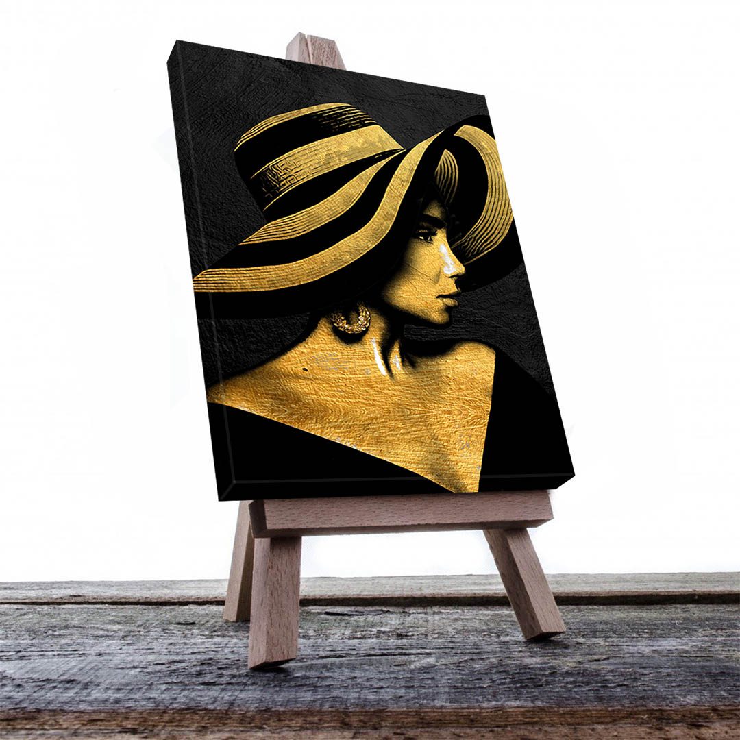 Cuadro Decorativo Mujer con Sombrero en Dorado Moderno #214 90 X 45