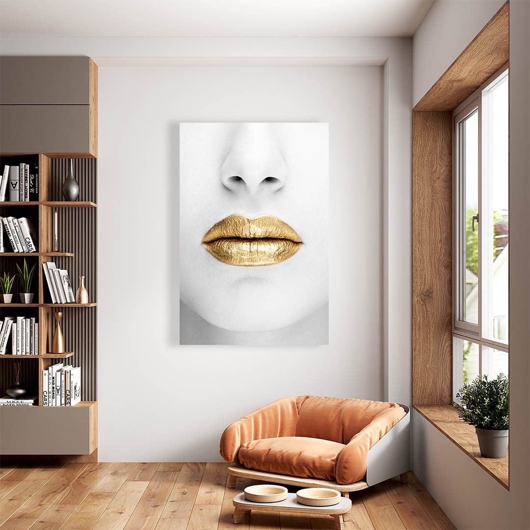 Cuadro Decorativo Labios Dorados en Blanco 90 X 45