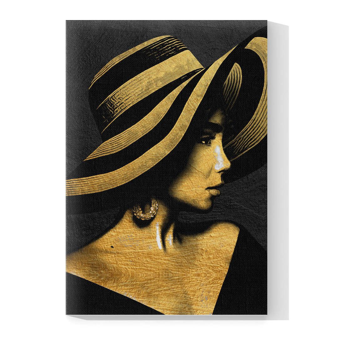 Cuadro Decorativo Mujer con Sombrero en Dorado Moderno #214 90 X 45
