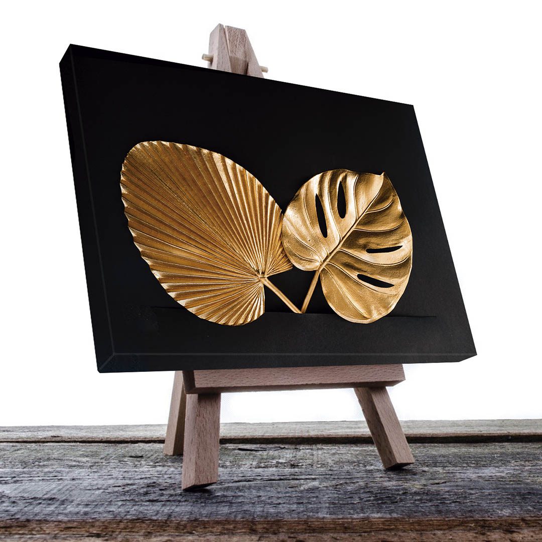 Cuadro Decorativo de Hojas Doradas y Fondo Negro #140 90 X 45