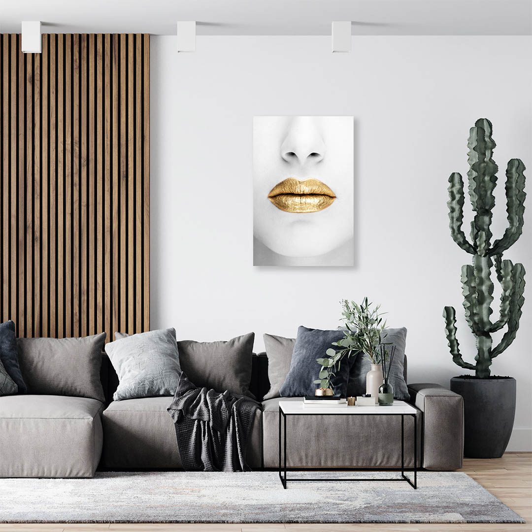 Cuadro Decorativo Labios Dorados en Blanco 90 X 45