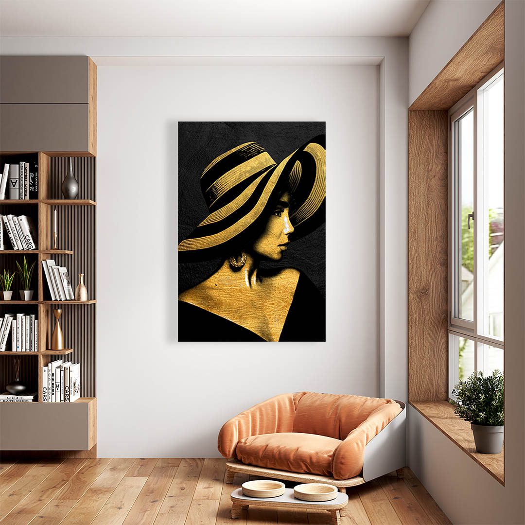 Cuadro Decorativo Mujer con Sombrero en Dorado Moderno #214 90 X 45