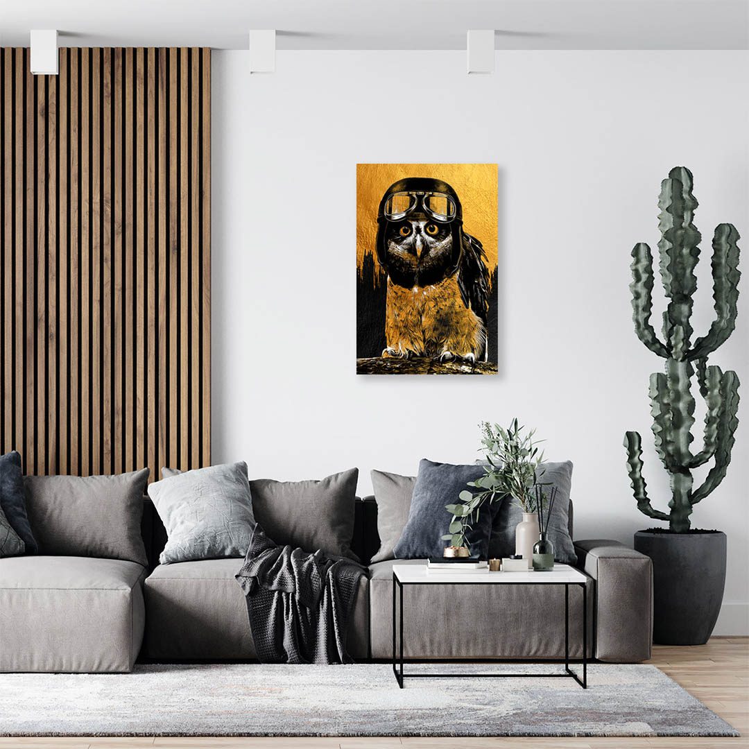 Cuadro Decorativo Búho con casco y lentes en Dorado 120 X 80
