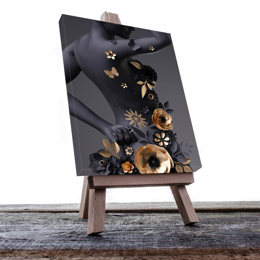 Cuadro Decorativo Mujer y Flores en Dorado Moderno #152 120 X 80