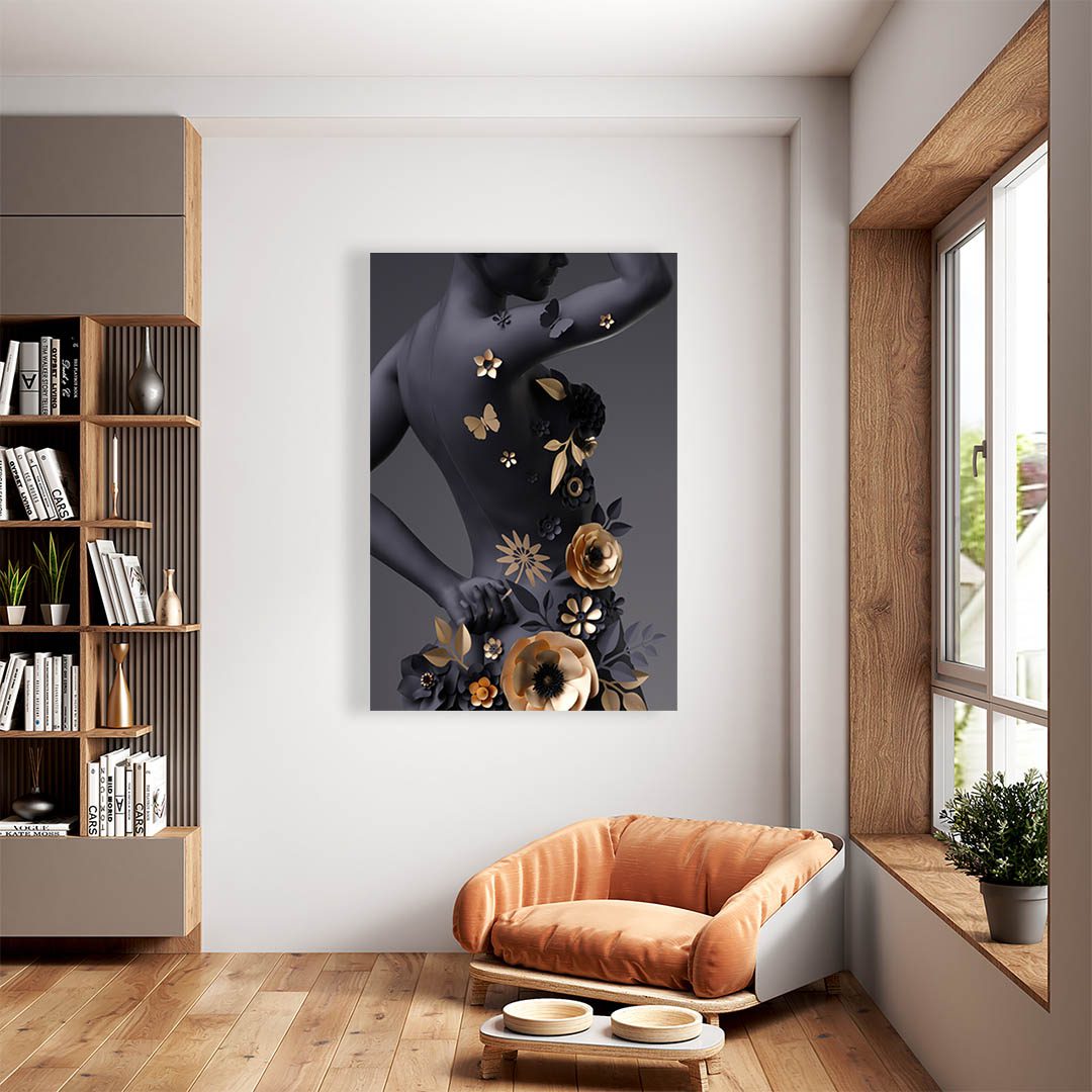 Cuadro Decorativo Mujer y Flores en Dorado Moderno #152 120 X 80
