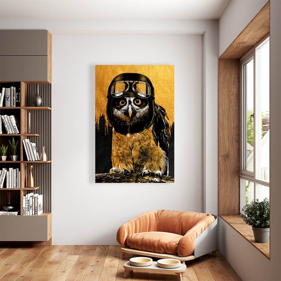 Cuadro Decorativo Búho con casco y lentes en Dorado 120 X 80