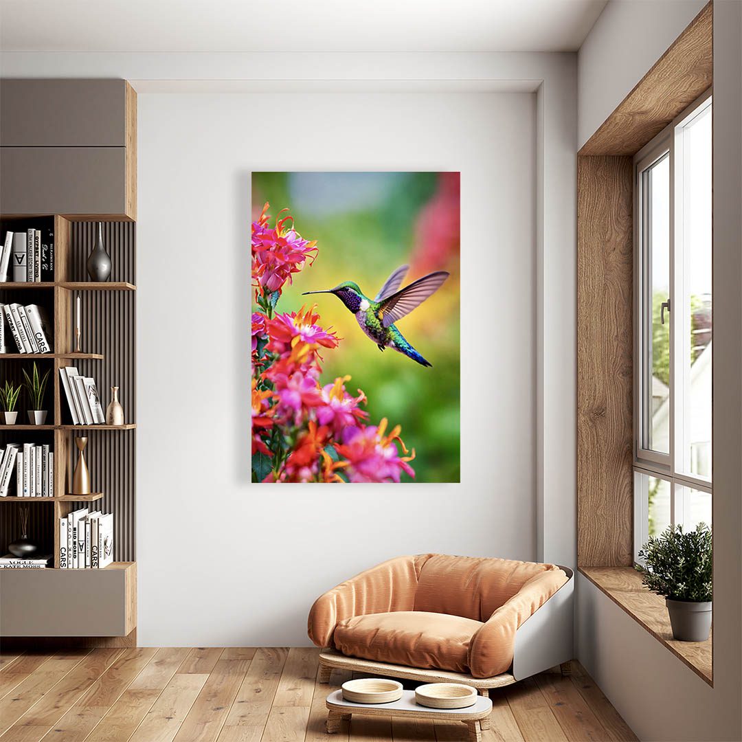 Cuadro Decorativo Colibrí Azul con Flores Rosas #38 135 X 90