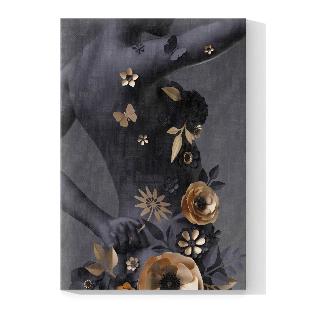 Cuadro Decorativo Mujer y Flores en Dorado Moderno #152 120 X 80