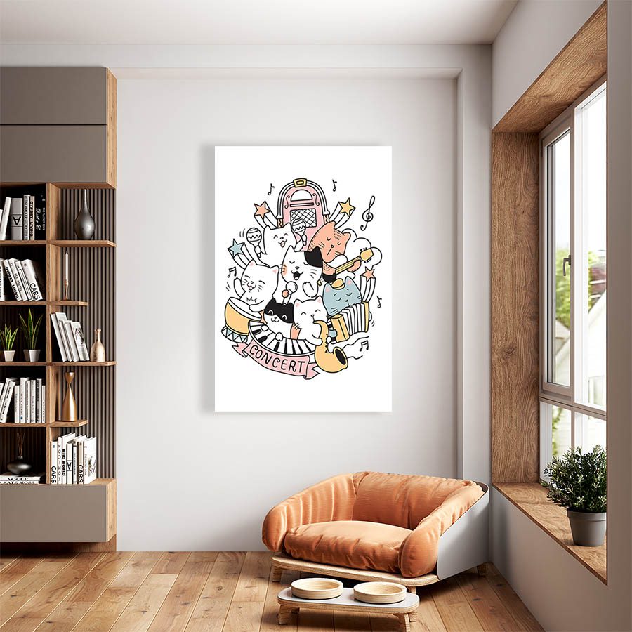 Cuadro Decorativo Dibujo Gatos En Concierto #579  120 X 60