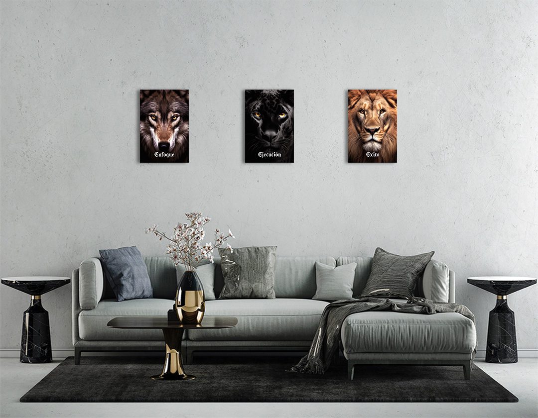 Set de 3 Cuadros Decorativos León, Pantera y Lobo – Enfoque, Ejecución, Éxito 45 X 30