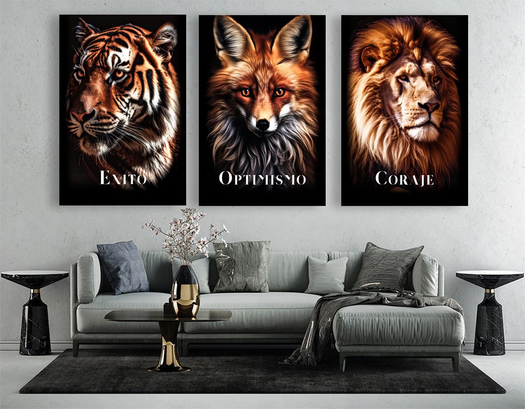 Set de 3 Cuadros Decorativos León , Zorro, Tigre - Coraje, Optimismo, Acción 120 X 80