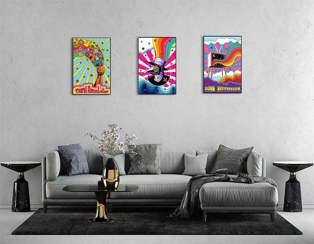 Set de 3 Cuadros Decorativos Psicodélicos  60 X 40