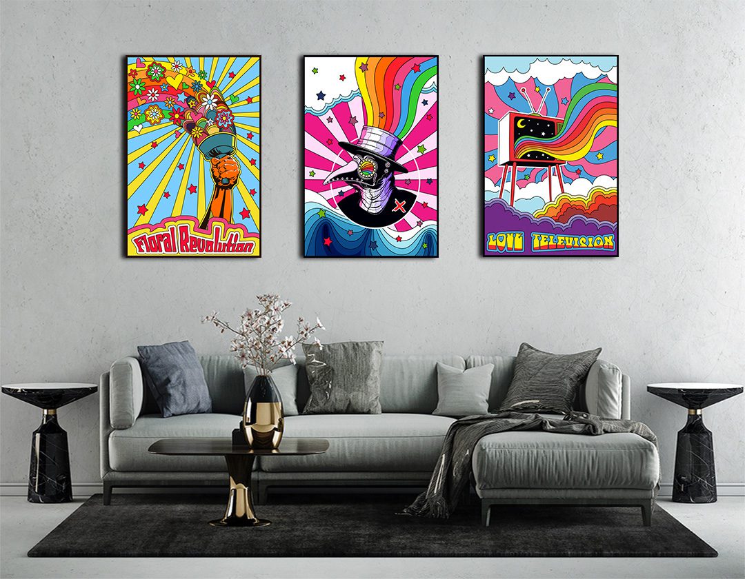 Set de 3 Cuadros Decorativos Psicodélicos  90 X 60