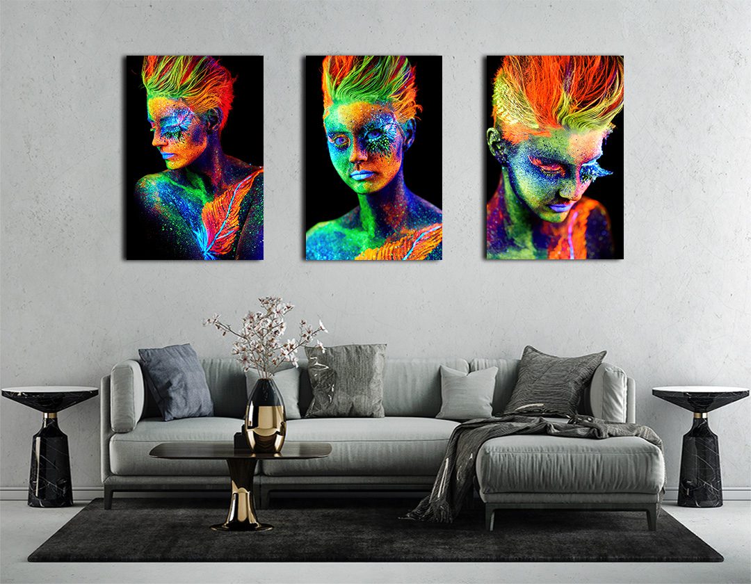 Set de 3 Cuadros Decorativos  de Fotos Vanguardistas Estilo Neón de Rostros de Mujer #1 90 X 60