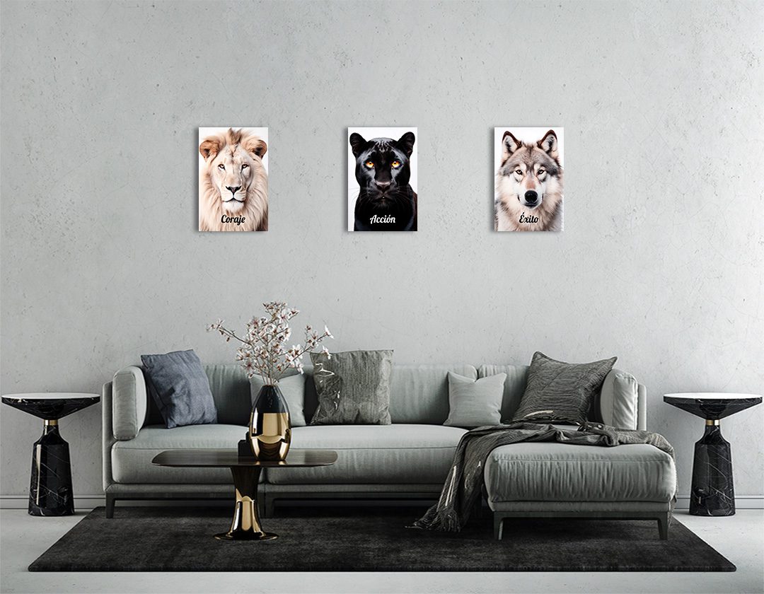 Set de 3 Cuadros Decorativos León, Pantera y Lobo - Coraje, Acción, Éxito 45 X 30