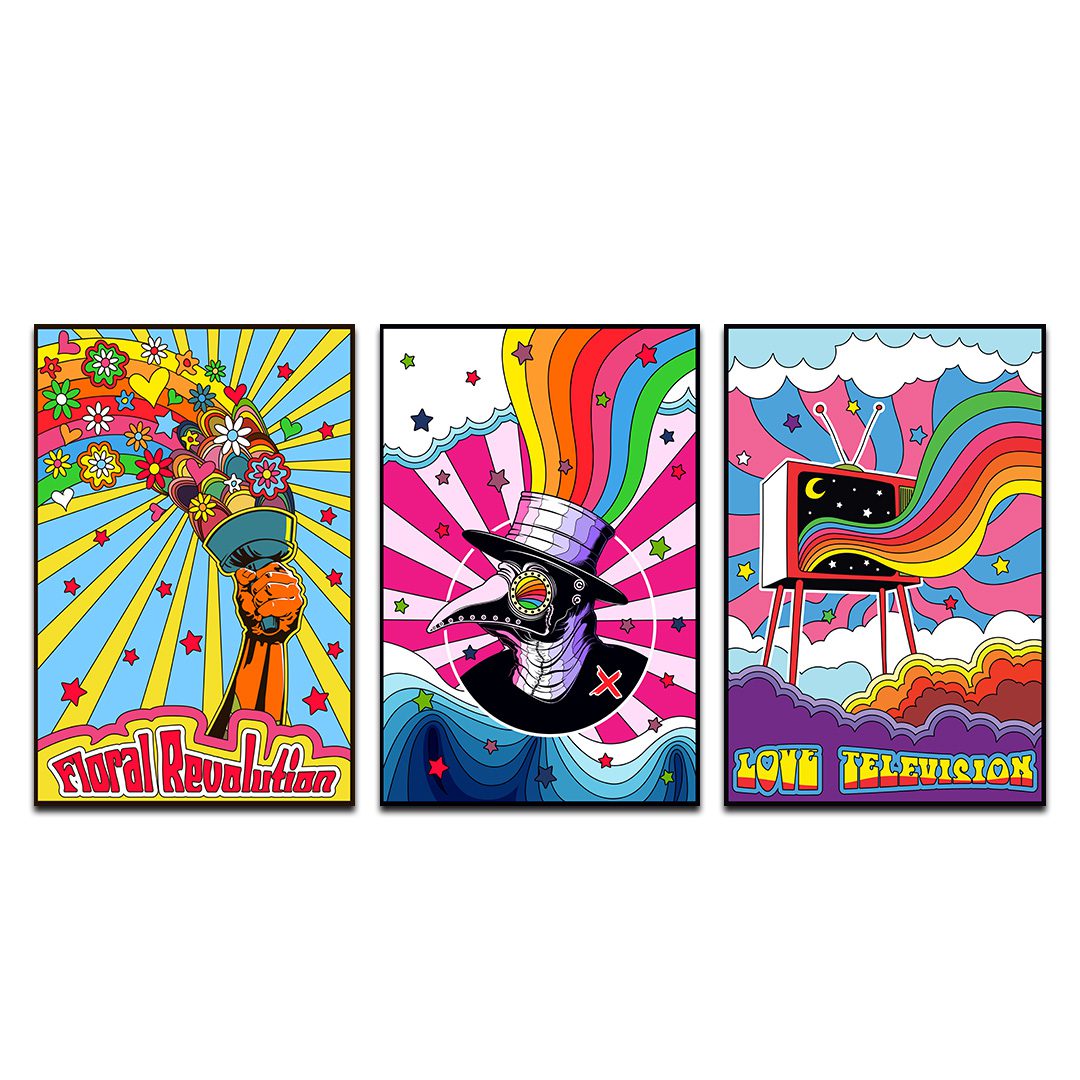 Set de 3 Cuadros Decorativos Psicodélicos  60 X 40