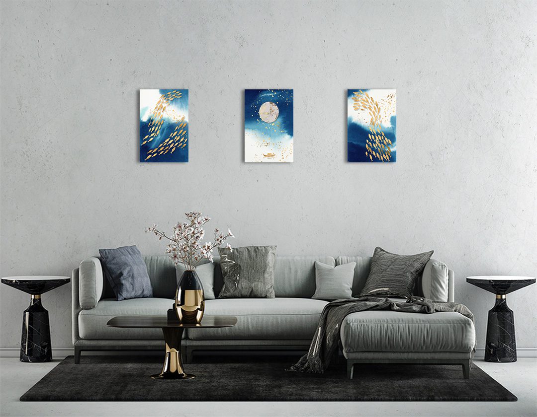 Set de 3 Cuadros Decorativos Moderno de Peces Dorados 45 X 30
