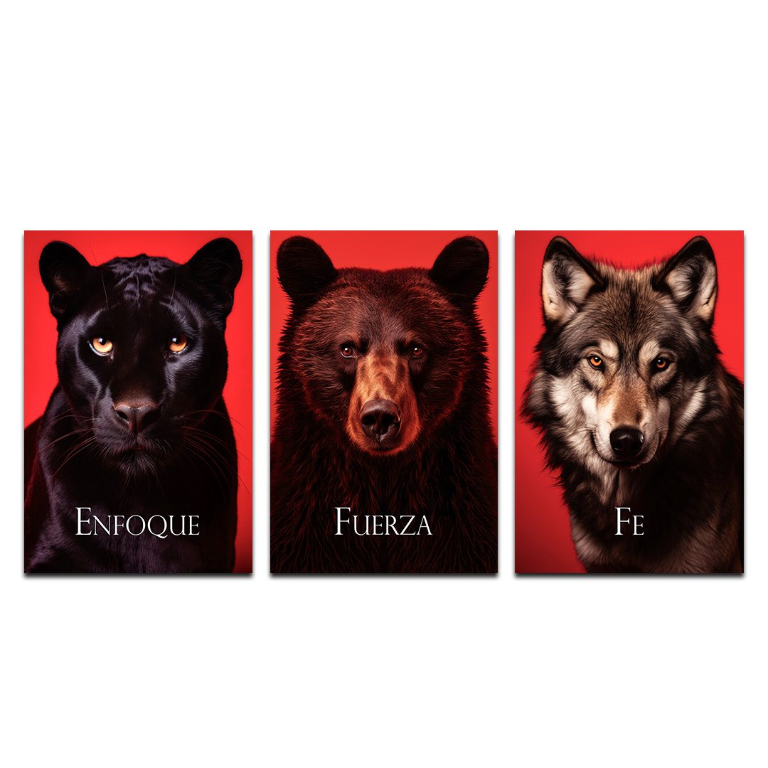 Set de 3 Cuadros Decorativos Pantera, Oso y Lobo - Enfoque, Fuerza , Fe 60 X 40