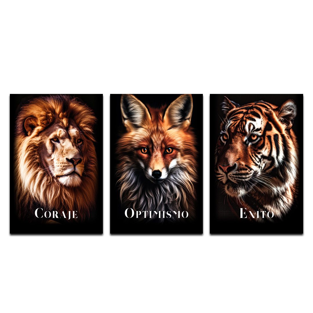 Set de 3 Cuadros Decorativos León , Zorro, Tigre - Coraje, Optimismo, Acción 120 X 80