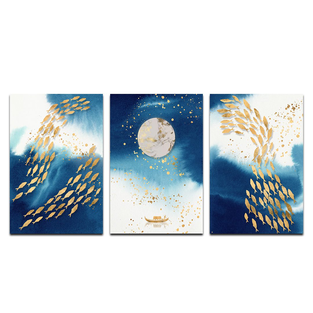 Set de 3 Cuadros Decorativos Moderno de Peces Dorados 45 X 30