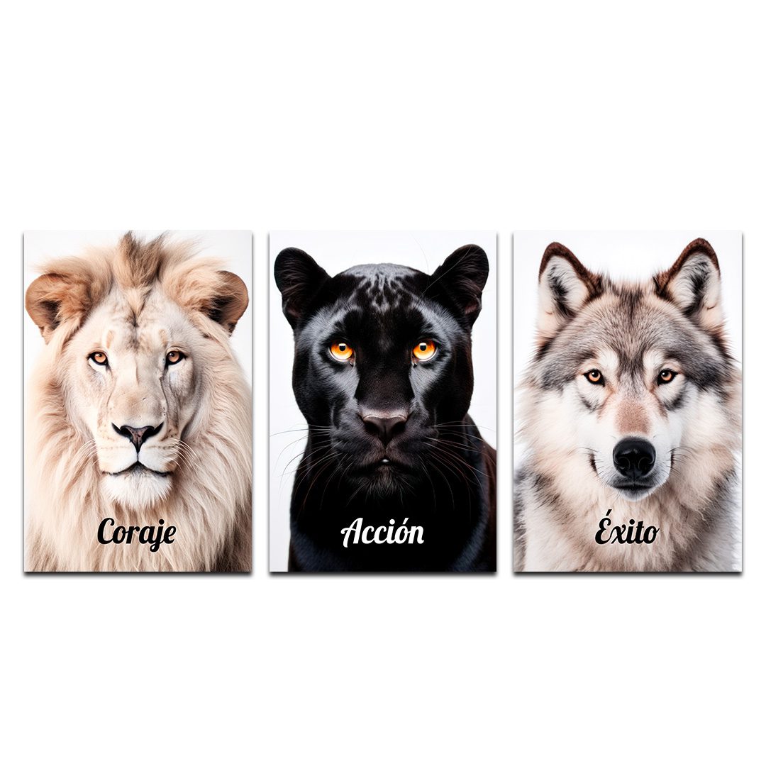 Set de 3 Cuadros Decorativos León, Pantera y Lobo - Coraje, Acción, Éxito 45 X 30